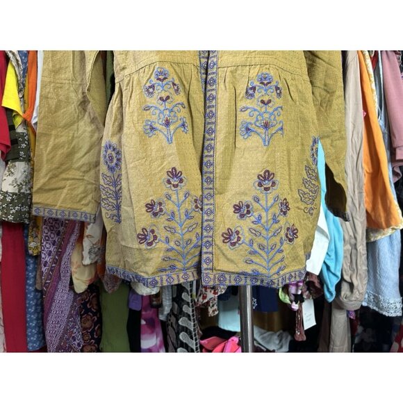 LOGO Lavish by Lori Goldstein Woven Cardigan with Embroidery NWOT Golden Sz M - Picture 3 of 11